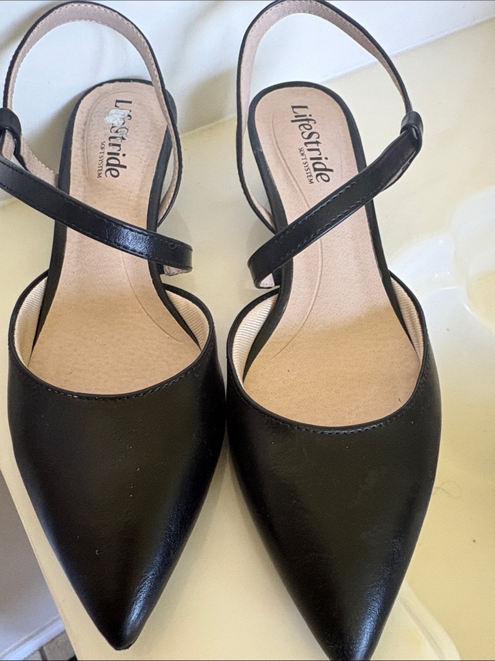 Life Stride Black Pointed Slingback Heels with Ankle Strap